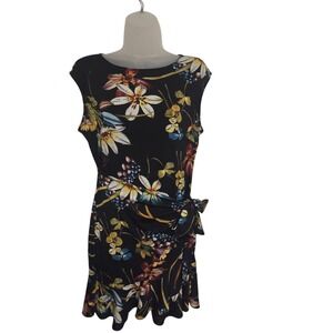 ECI New York Floral‎ Wrap Dress Black Multicolor Ruffle Hem Stretch Cap Sleeve